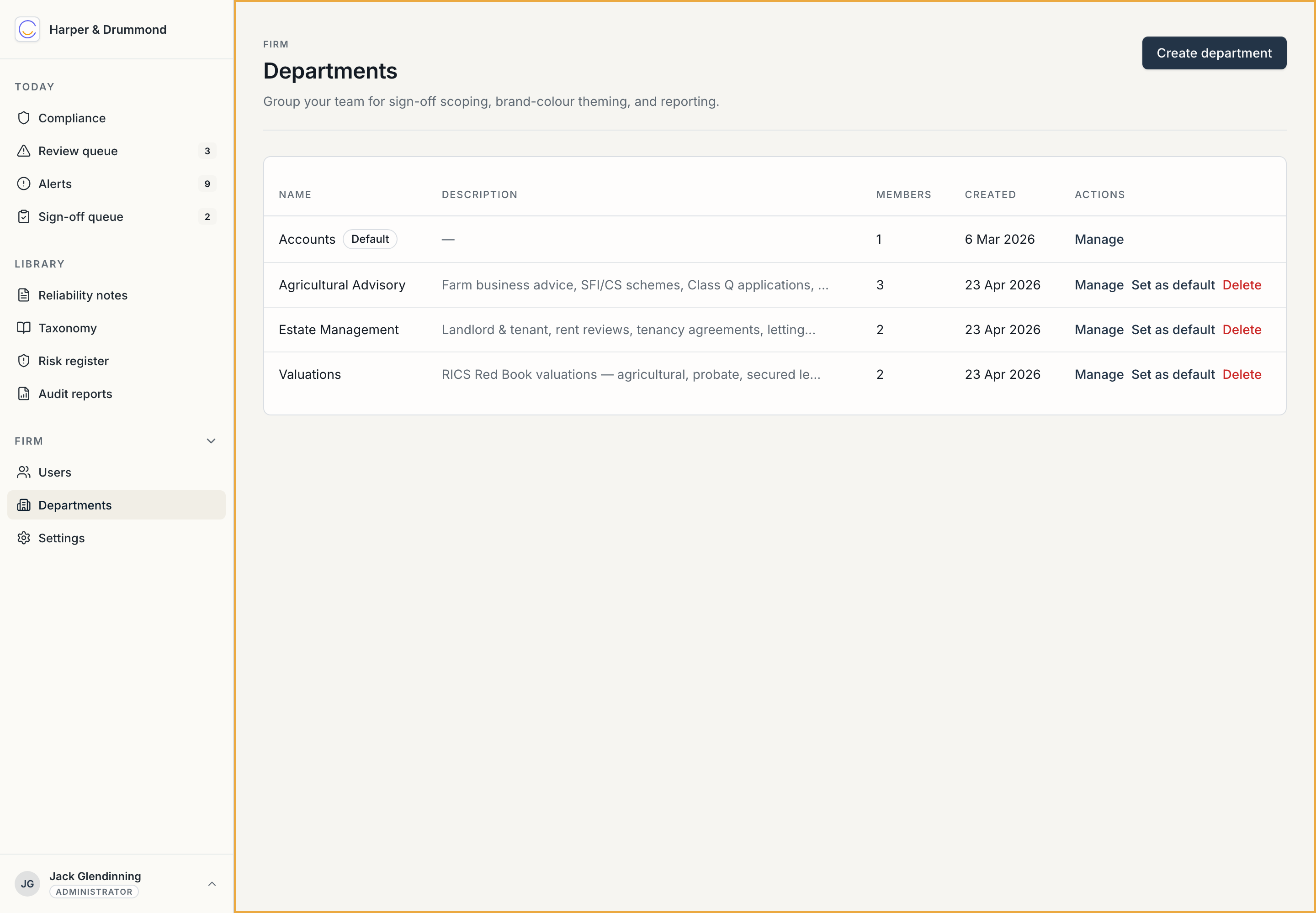 The Departments page, showing the example firm's divisions