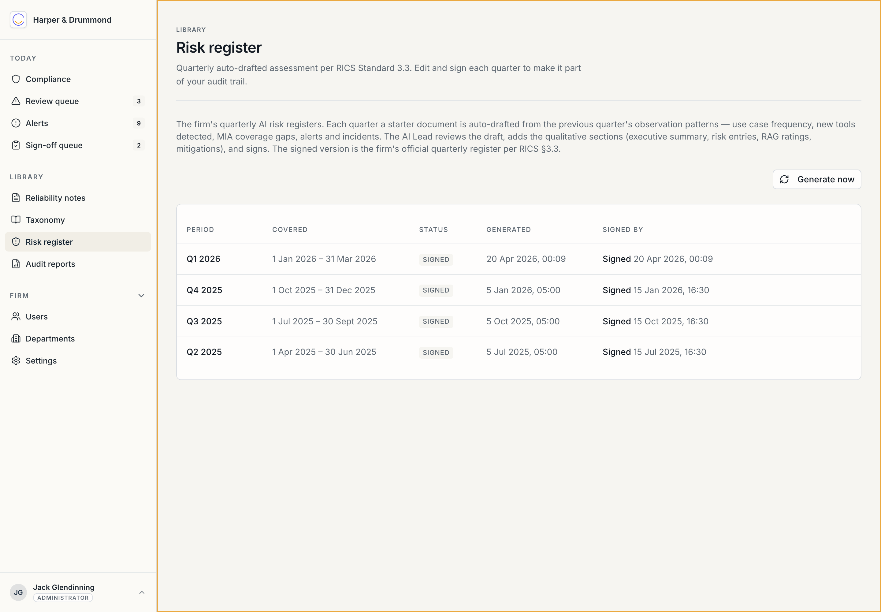 The quarterly risk register list
