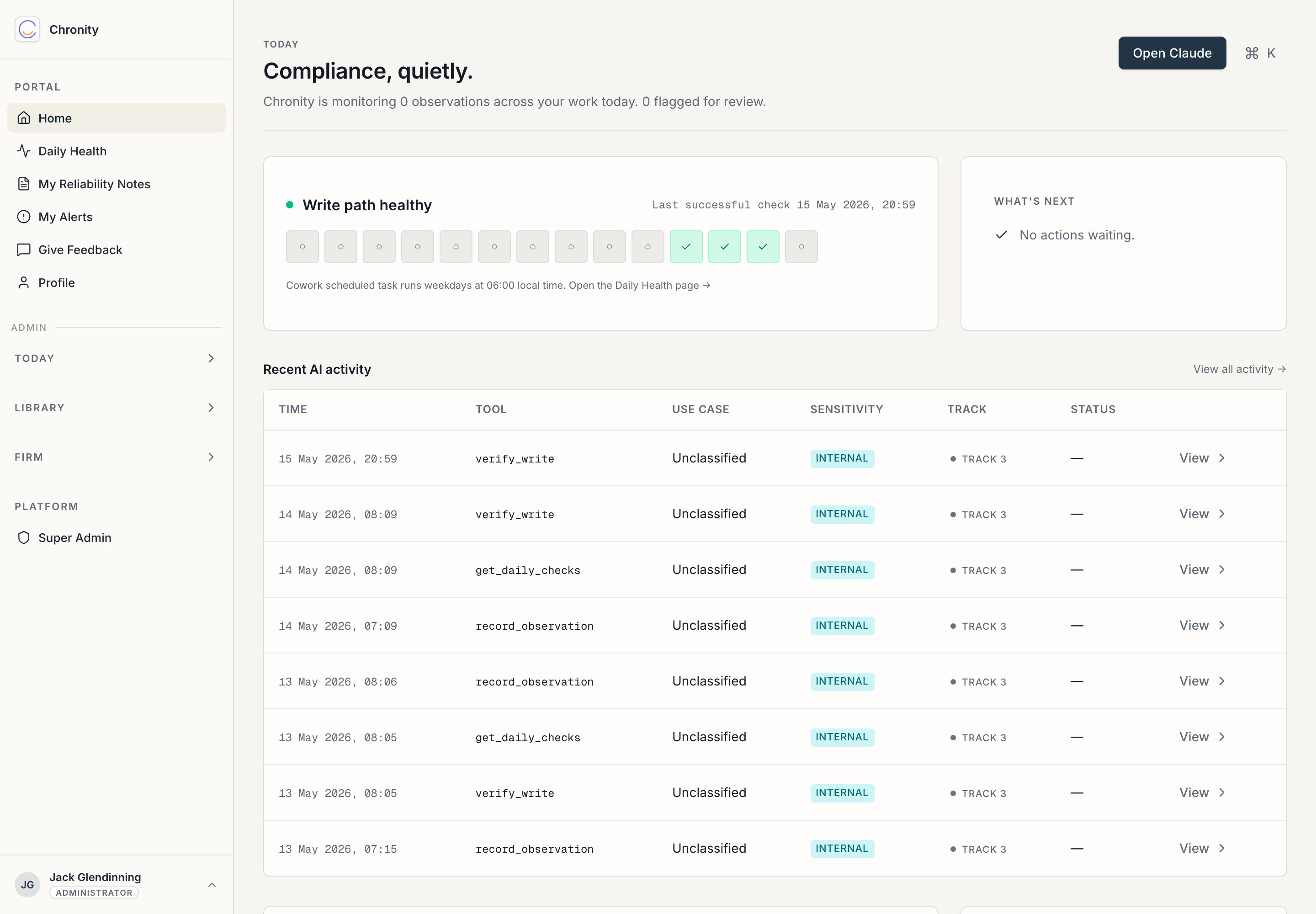 The user Home dashboard